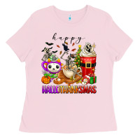 Bubblegum Pink happy hallothanksmas skeleton coffee cups Ladies Tee - texasbilliewilder