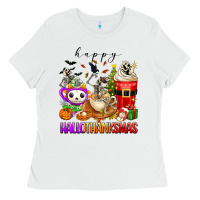 Happy Hallothanksmas Skeleton Coffee Cups Ladies Tee | Teevron