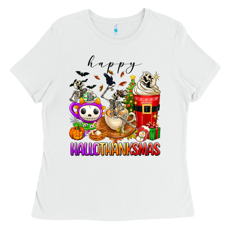 Happy Hallothanksmas Skeleton Coffee Cups Ladies Tee by texasbilliewilder | Teevron