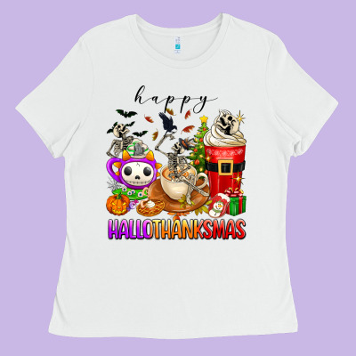 Happy Hallothanksmas Skeleton Coffee Cups Ladies Tee Designed By Texasbilliewilder