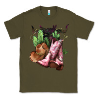 Army Green Cowgirl boots hat horns cactus Classic Tee - HowdyJamesFarm