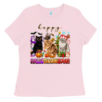Bubblegum Pink happy hallothanksmas cats Ladies Tee - texasbilliewilder