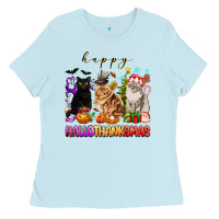 Baby Blue happy hallothanksmas cats Ladies Tee - texasbilliewilder