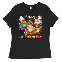 Black happy hallothanksmas coffee cups with ghost turkey Ladies Tee - texasbilliewilder