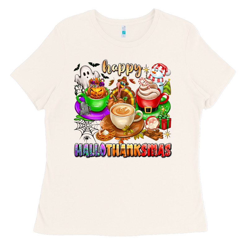 Happy Hallothanksmas Coffee Cups With Ghost Turkey Ladies Tee by texasbilliewilder | Teevron