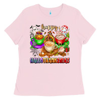 Bubblegum Pink happy hallothanksmas coffee cups with ghost turkey Ladies Tee - texasbilliewilder
