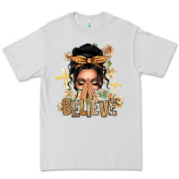 Black Hair Believe Praying Caucasian Messy Bun Premium Tee | Teevron