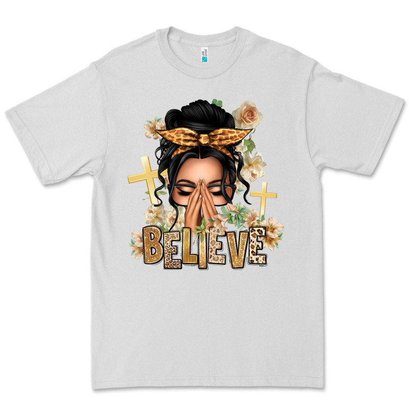 Black Hair Believe Praying Caucasian Messy Bun Premium Tee by texasbilliewilder | Teevron
