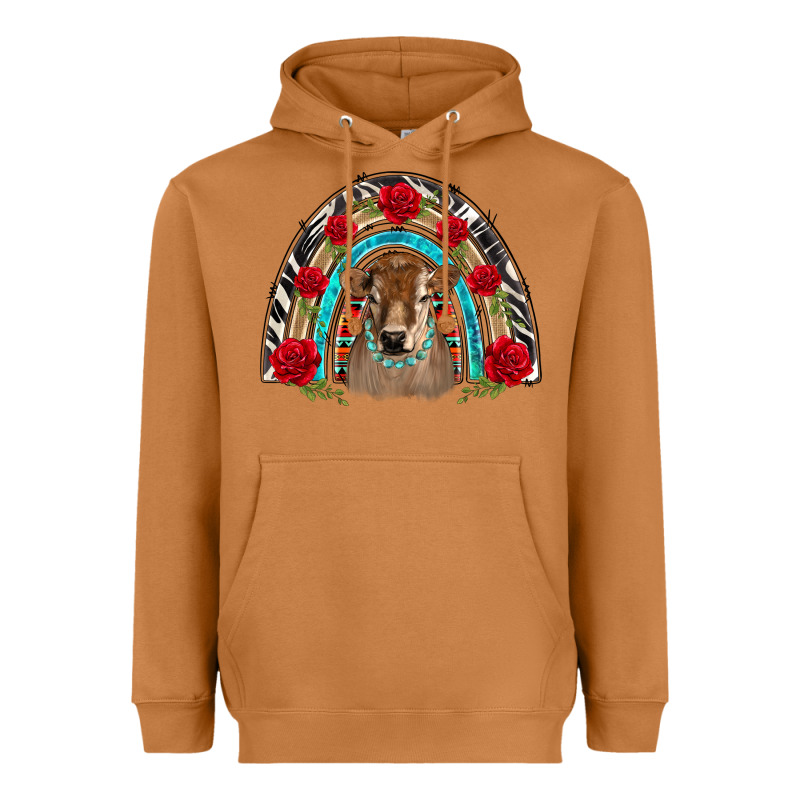 Brown Baby Cow Floral Rose Rainbow Heavyweight Hoodie by BarkalooDesign | Teevron
