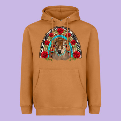 Brown Baby Cow Floral Rose Rainbow Heavyweight Hoodie Designed By Barkaloodesign