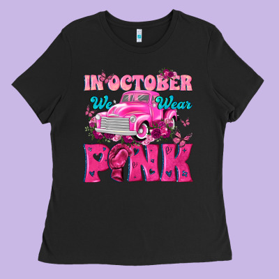 In October We Wear Pink Truck Ladies Tee Designed By Texasbilliewilder