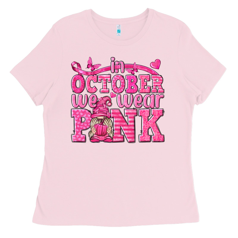 In October We Wear Pink With Gnome Ladies Tee by texasbilliewilder | Teevron