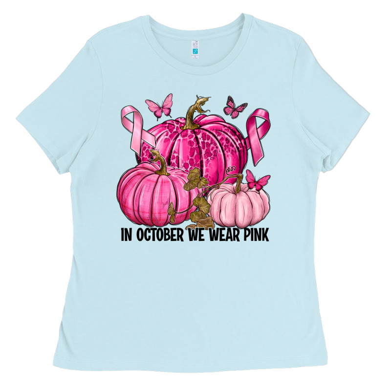 In October We Wear Pink With Pumpkin Ladies Tee by texasbilliewilder | Teevron