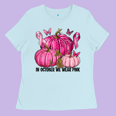 In October We Wear Pink With Pumpkin Ladies Tee Designed By Texasbilliewilder