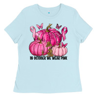 Baby Blue In October We Wear Pink with Pumpkin Ladies Tee - texasbilliewilder