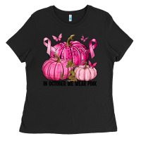 Black In October We Wear Pink with Pumpkin Ladies Tee - texasbilliewilder