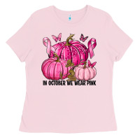 Bubblegum Pink In October We Wear Pink with Pumpkin Ladies Tee - texasbilliewilder