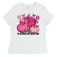 White In October We Wear Pink with Pumpkin Ladies Tee - texasbilliewilder
