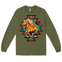 Army Green Aztec Symbol White Horse Long Sleeve Tee - FaDigitalArtStudio