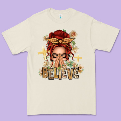 Red Hair Believe Praying Caucasian Messy Bun Premium Tee Designed By Texasbilliewilder