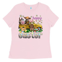 Bubblegum Pink Happy Easter truck with farm animals Ladies Tee - NancyCooperArtShop