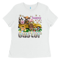 White Happy Easter truck with farm animals Ladies Tee - NancyCooperArtShop