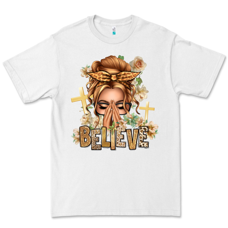 Blonde Hair Believe Praying Caucasian Messy Bun Premium Tee by texasbilliewilder | Teevron