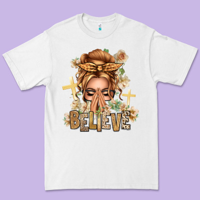Blonde Hair Believe Praying Caucasian Messy Bun Premium Tee Designed By Texasbilliewilder