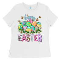 White Happy Easter with eggs Ladies Tee - NancyCooperArtShop