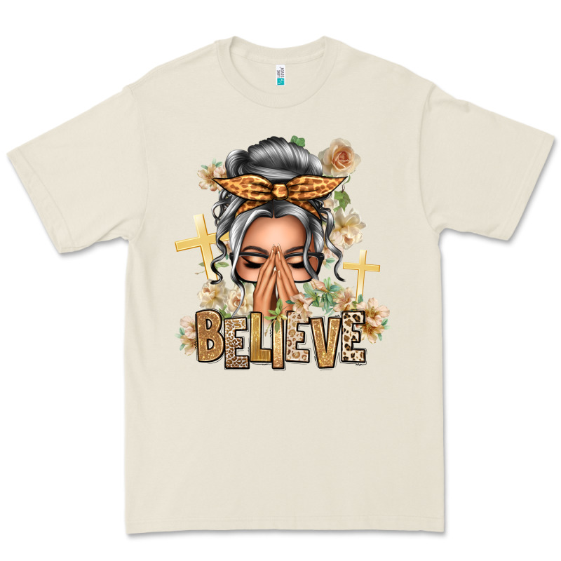 Silver White Believe Praying Caucasian Messy Bun Premium Tee by texasbilliewilder | Teevron