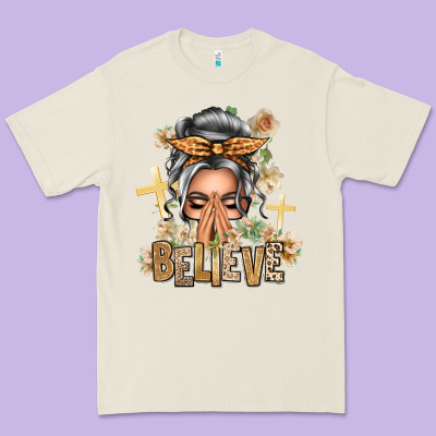 Silver White Believe Praying Caucasian Messy Bun Premium Tee Designed By Texasbilliewilder