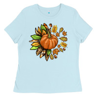 Baby Blue Fall Sunflower with Pumpkin Ladies Tee - texasbilliewilder