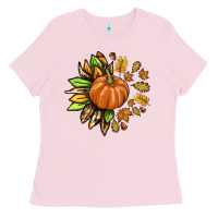 Bubblegum Pink Fall Sunflower with Pumpkin Ladies Tee - texasbilliewilder