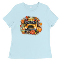 Baby Blue Fall School Bus Ladies Tee - texasbilliewilder