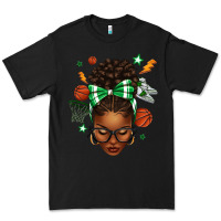 Black Afro Messy Bun Basketball Green Bow Premium Tee - texasbilliewilder