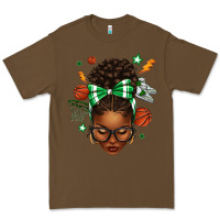 Cacao Afro Messy Bun Basketball Green Bow Premium Tee - texasbilliewilder