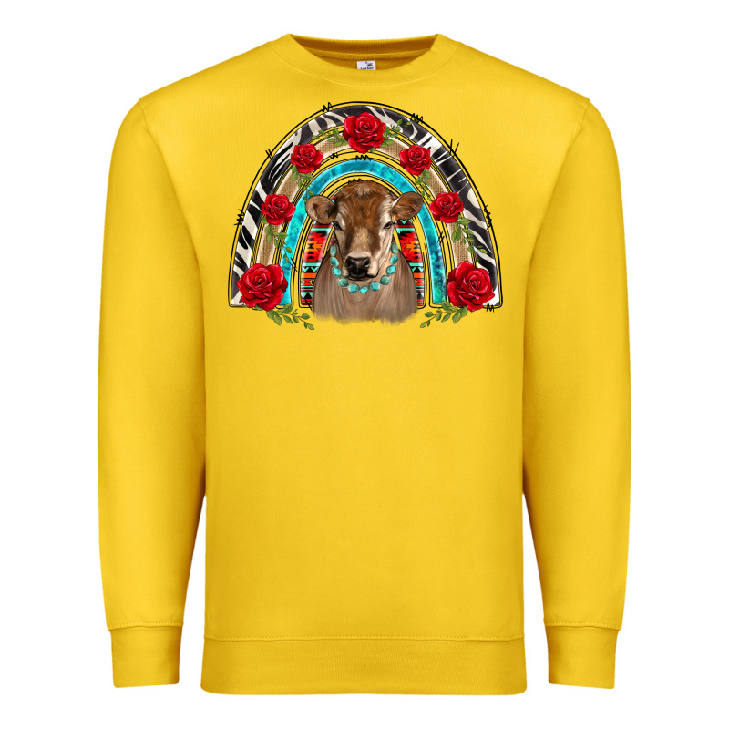Brown Baby Cow Floral Rose Rainbow Premium Sweatshirt by BarkalooDesign | Teevron