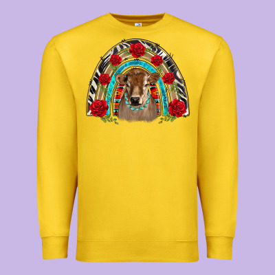Brown Baby Cow Floral Rose Rainbow Premium Sweatshirt Designed By Barkaloodesign