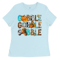 Baby Blue Gobble Gobble Gobble with Turkey Ladies Tee - texasbilliewilder