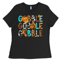 Black Gobble Gobble Gobble with Turkey Ladies Tee - texasbilliewilder