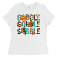 White Gobble Gobble Gobble with Turkey Ladies Tee - texasbilliewilder