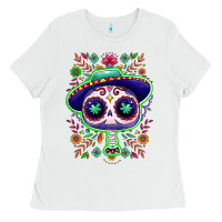 White Mexican Day of dead sugar skull Ladies Tee - NancyCooperArtShop