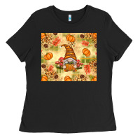 Black Fall Pumpkins and Gnome with Leopard Ladies Tee - texasbilliewilder