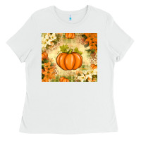 White Fall Pumpkins with Flowers Ladies Tee - texasbilliewilder