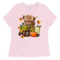 Bubblegum Pink Heifer with Pumpkins Ladies Tee - texasbilliewilder