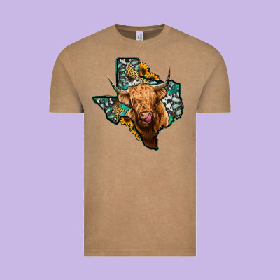 Texas Map Highland Cow Vintage Tee Designed By Jasminsmagicworld