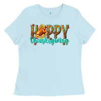 Baby Blue Happy Thanksgiving with Turkey Ladies Tee - texasbilliewilder