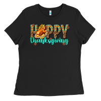 Black Happy Thanksgiving with Turkey Ladies Tee - texasbilliewilder