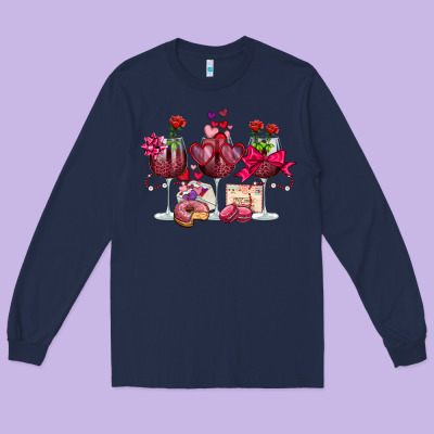 Valentine's Day Wine Glasses Long Sleeve Tee Designed By Oliviacreatesart