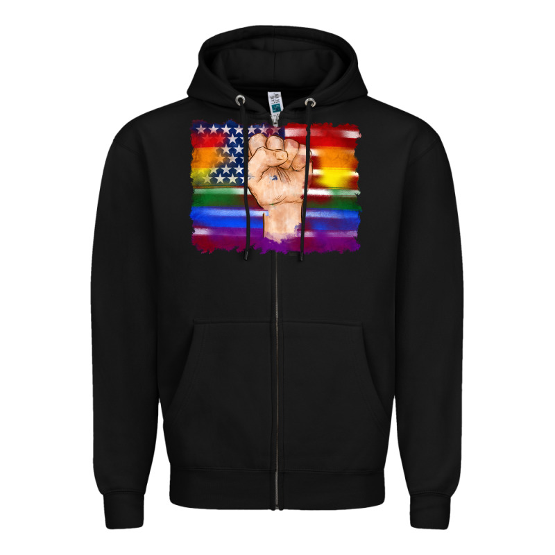 Lgbtq Flag And American Flag With Hand Zipper Hoodie by Artiststas | Teevron